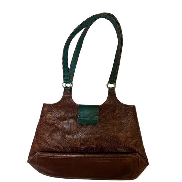 Leaders in Leather Hand-tooled Brown Leather Medium Sz Shoulder Satchel Handbag - Picture 3 of 8